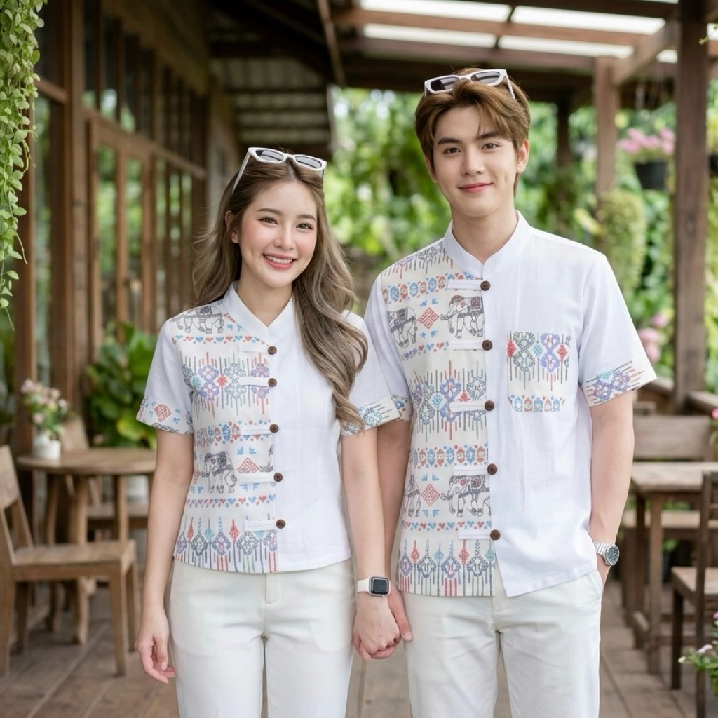 เสื้อพื้นเมืองคอจีน คู่ ชาย/หญิง ทูโทนลายช้าง มีทั้งเด็กและผู้ใหญ่