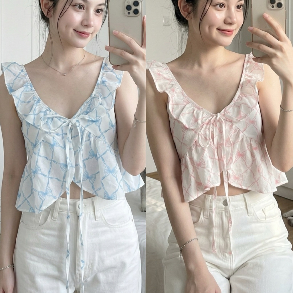 🌷 เสื้อแขนกุดระบายลายโบว์ทรงใหม่ ดีเทลผูกด้านหน้า  / I2-4// COOK-BOW1