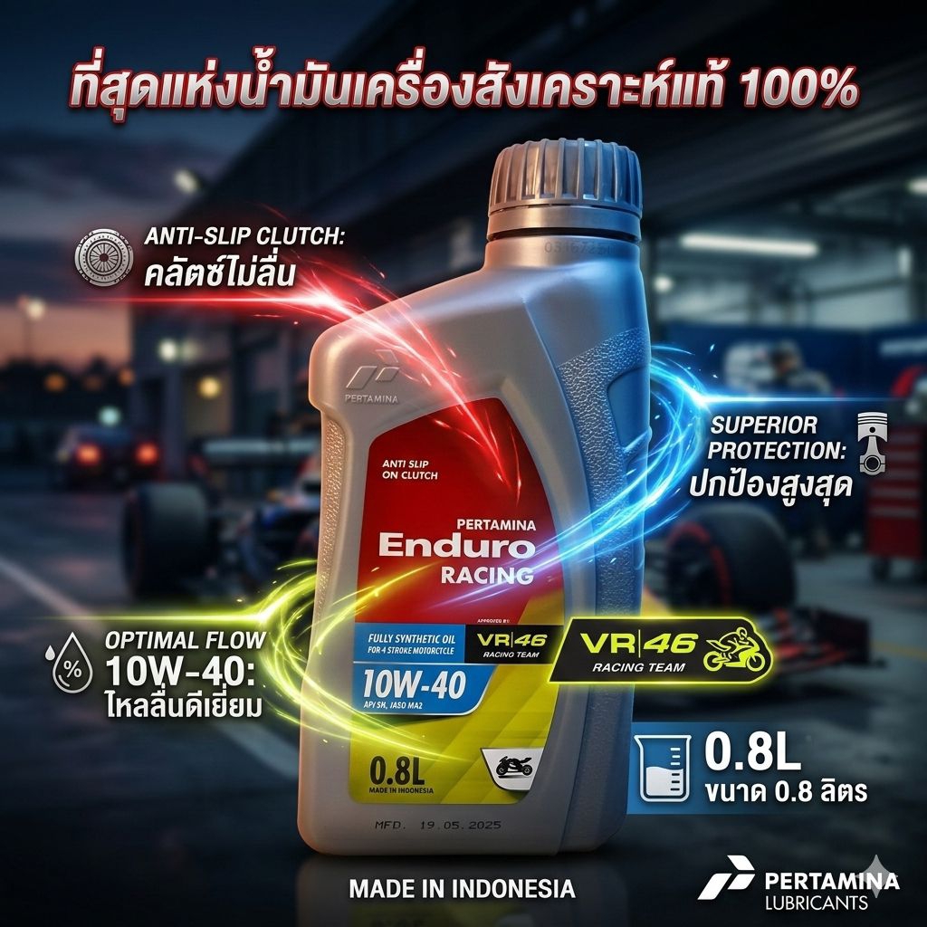 [ของแท้] Pertamina Enduro Racing 10W-40 สังเคราะห์แท้ 100% (0.8L) 4T JASO MA2 API SN น้ำมันเครื่องมอเตอร์ไซค์ VR46