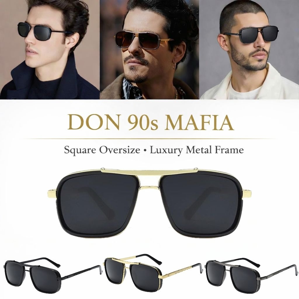 แว่นตากันแดด Italian Style รุ่น Retro Mafia 90s แว่นกันแดดทรงสี่เหลี่ยมวินเทจ UV400 กรอบโลหะ ลุคผู้ช