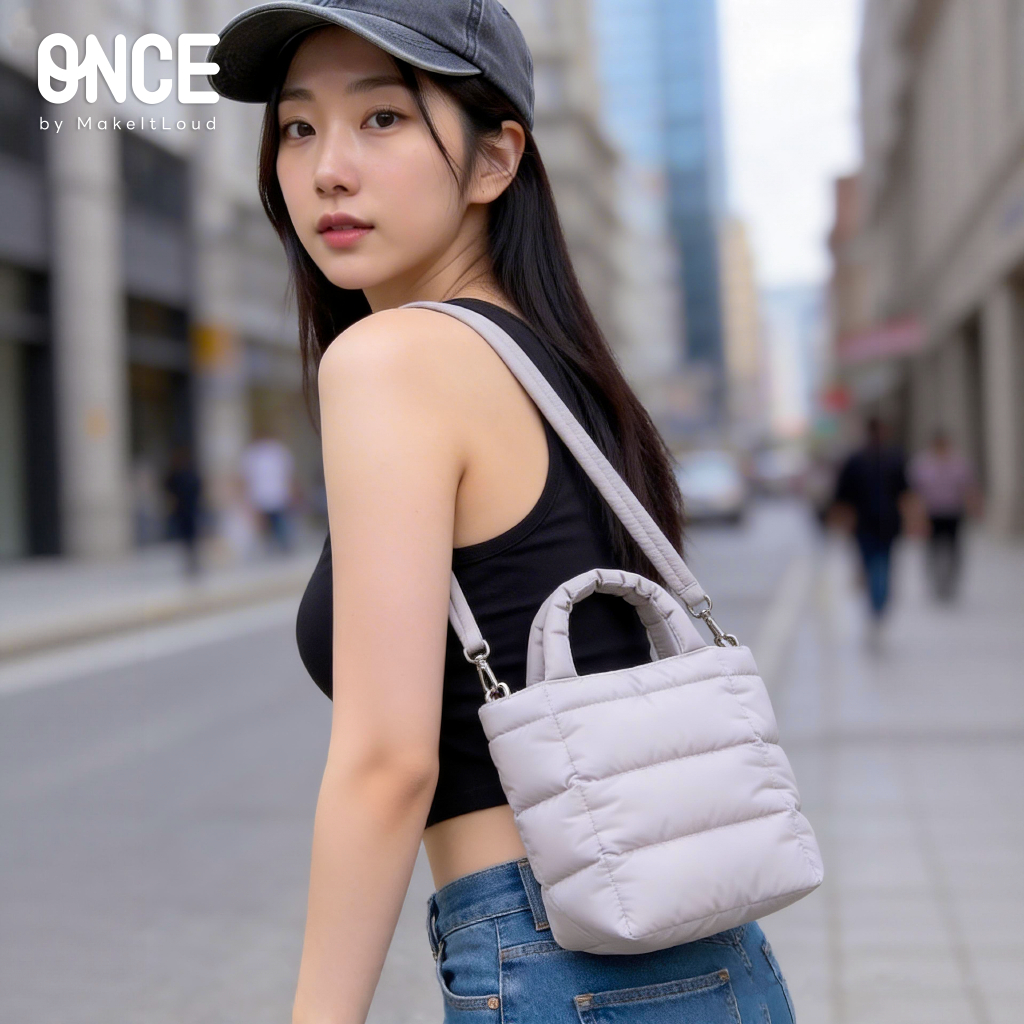 ONCE Puffy Crossbody Bag กระเป๋าผ้านุ่มนิ่มสีเทาอ่อน
