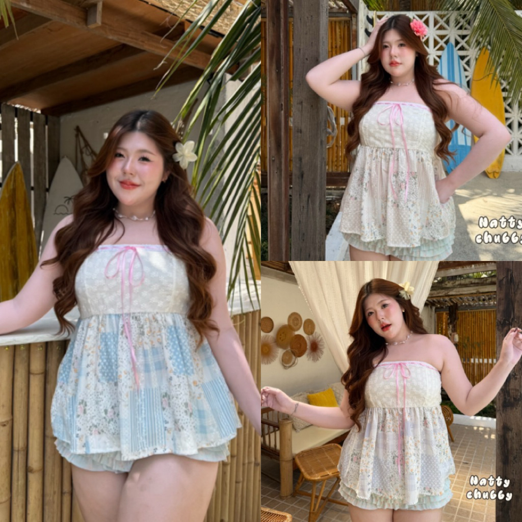 NC เสื้อเกาะอกตัวยาว แต่งชายระบาย ตัวอกผ้าฉลุลายดอกไม้ ริบบิ้นผูกโบว์อก สม็อคหลัง plussize