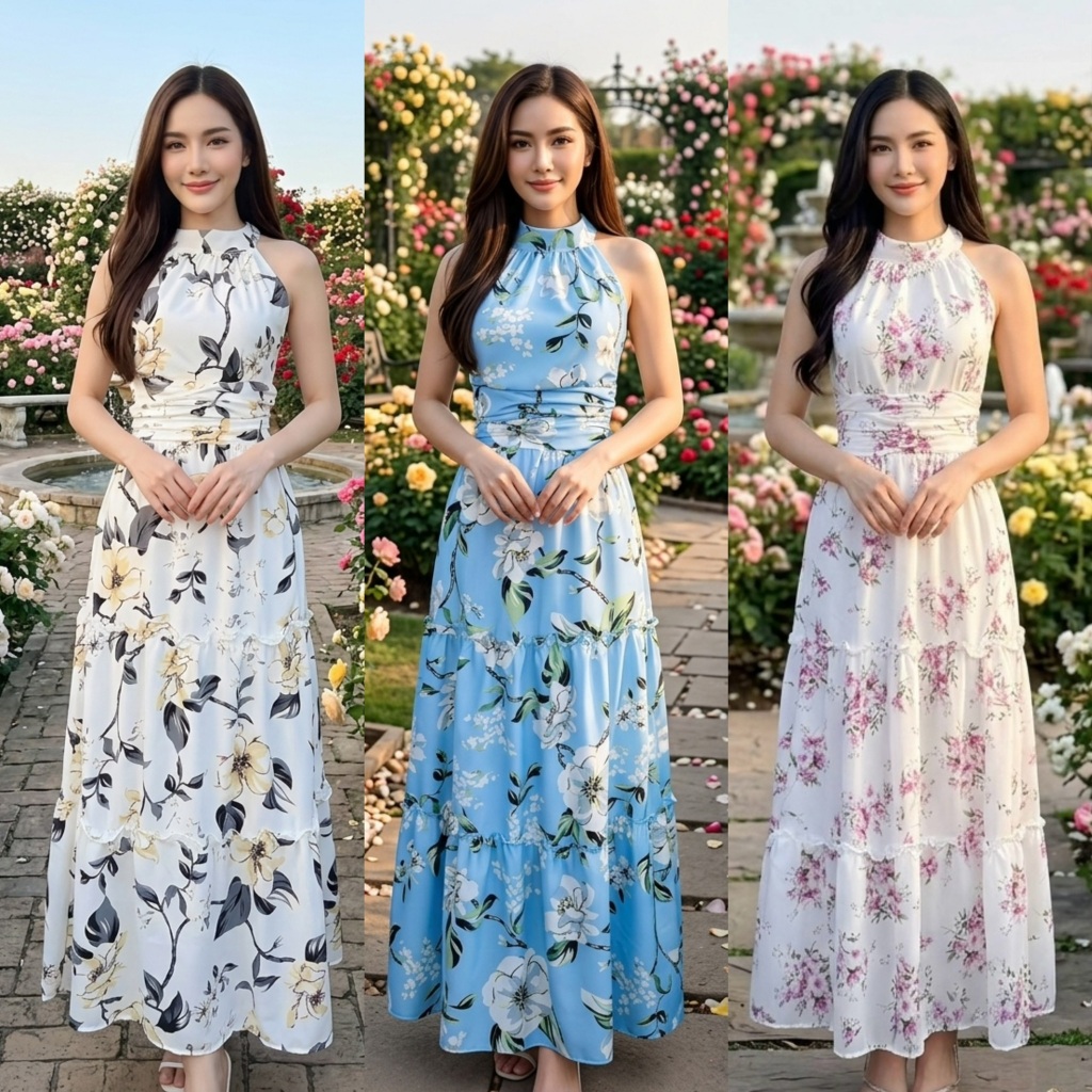 เดรสยาวเกาะอกผูกคล้องคอ ลายดอก