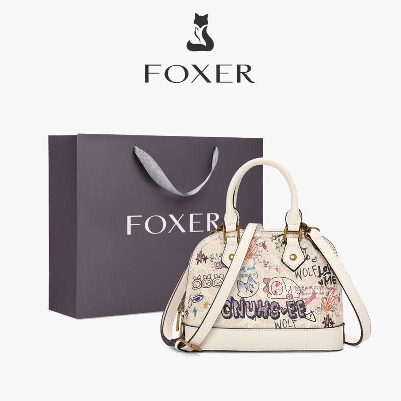 FOXER กระเป๋าถือหมีลายกราฟิตี้ กระเป๋าถือรูปเชลล์ กระเป๋าสะพายข้างความจุมาก สายสะพายถอดได้