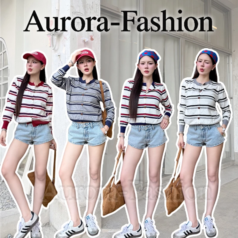 Aurora🛒พร้อมส่ง🚚(รูปถ่ายจากงานจริง) เสื้อแขนยาวผู้หญิง คอเว้า ทรงทำให้ดูผอม ลายทางคลาสสิก สไตล์เกาหลี