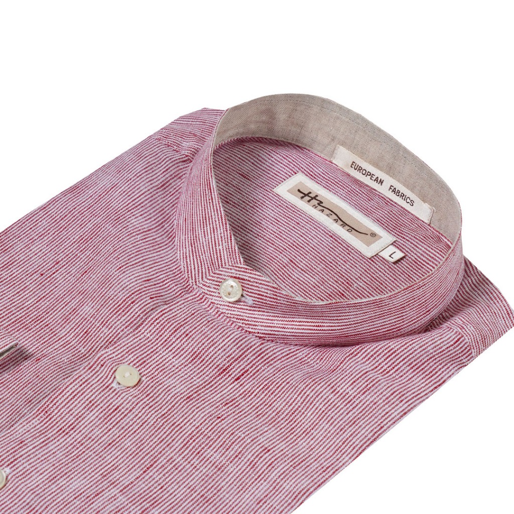 Hazard เสื้อเชิ้ตทำงานคอจีนแขนยาวลายทาง ผ้า Linen(ลินิน) สีแดง