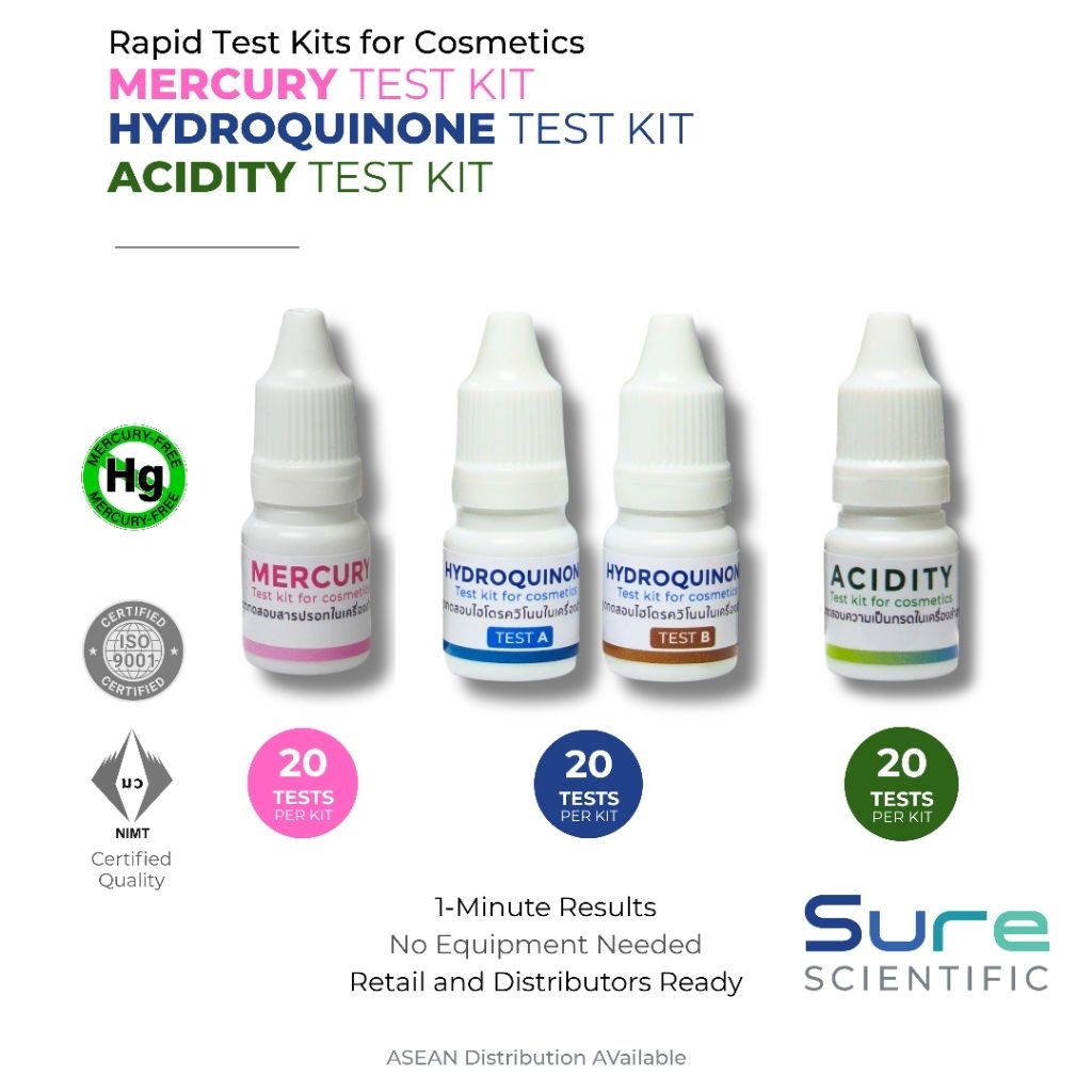 ชุดทดสอบเครื่องสำอาง SURE Cosmetic test kit(3in1 Mercury, Hydroquinone, Acid)