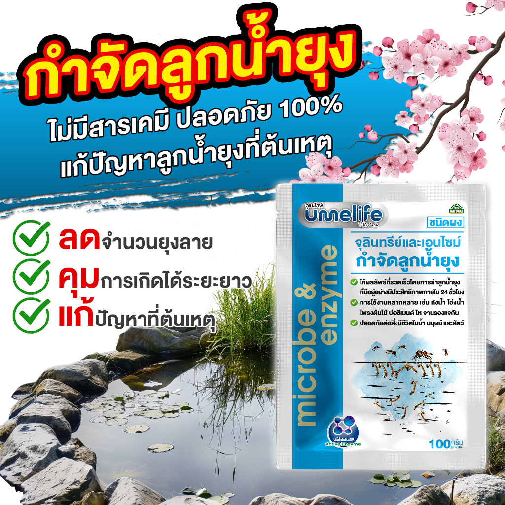 กำจัดลูกน้ำยุง จุลินทรีย์ละลายน้ำ ฆ่าลูกน้ำ 100g อูเมะไลฟ์ กำจัดลูกน้ำยุง กำจัดลูกน้ำได้ไว