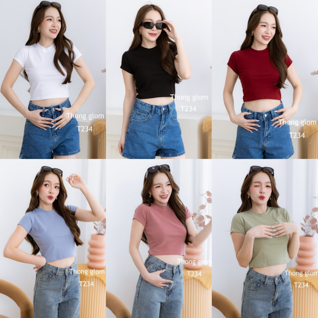 เสื้อครอปท็อป เนื้อผ้ายูนิโคล่ เอวไม่บาน Thong glom