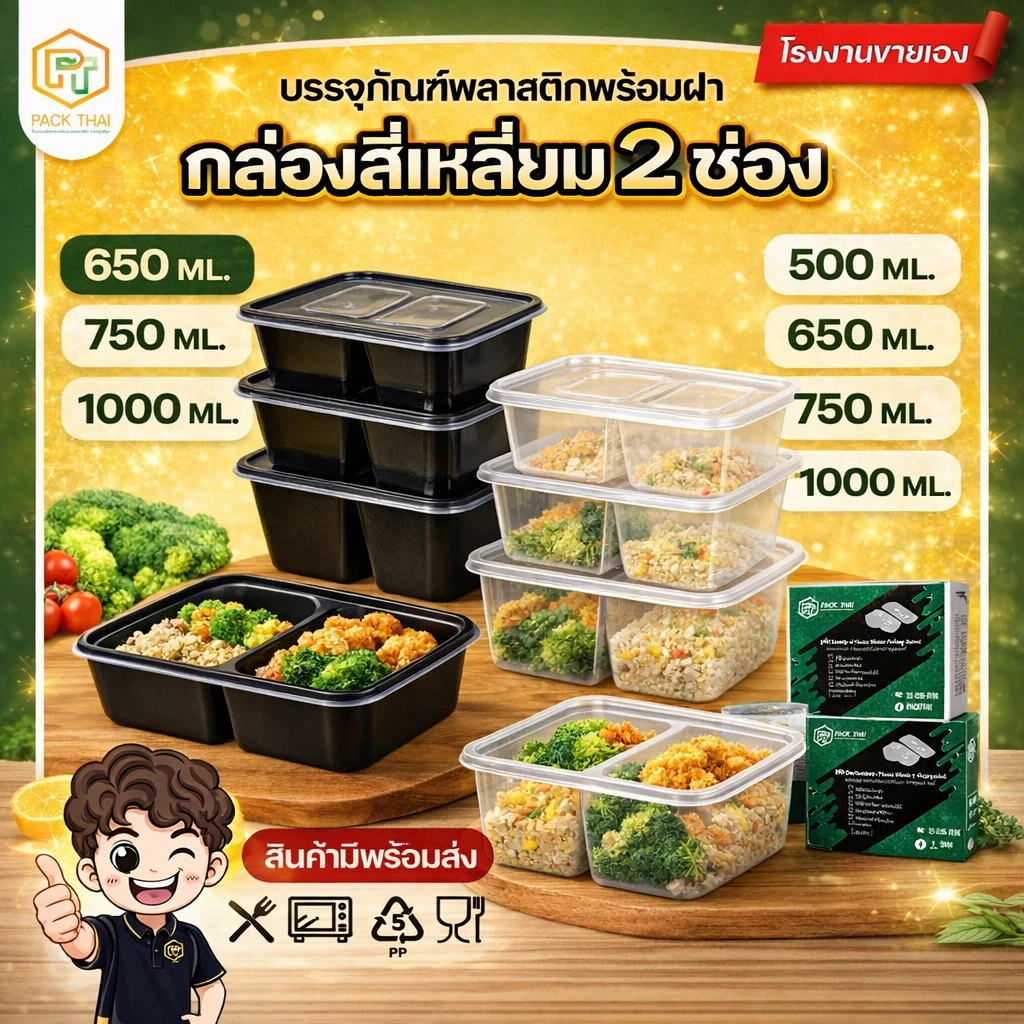 (แพ็ค50ใบ)/กล่องใส่อาหาร PP 2 ช่อง เข้าไมโครเวฟได้ 500-1000ml กล่องอาหารพลาสติก ฝาปิดแน่น ใส/ดำ