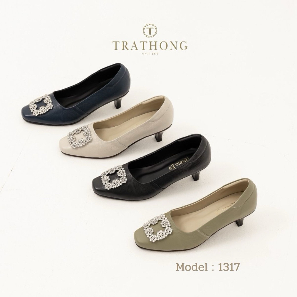 TRATHONG (ตราทอง) รุ่น1317 รองเท้าคัชชูผู้หญิง หนังแท้นิ่ม ส้นสูง 1.5 นิ้ว ดีไซน์ประดับเพชรหรูดูแพง