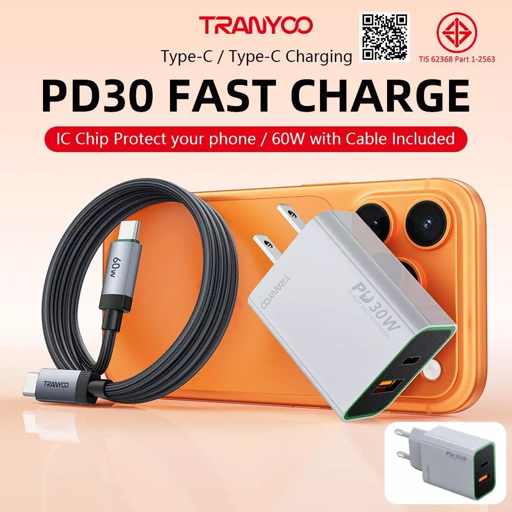 TRANYOO【TIS】 US13 เครื่องชาร์จเร็วแบบพอร์ตคู่ USB + Type-C เครื่องชาร์จโทรศัพท์มือถือสำหรับโทรศัพท์ Ap&le และ And&oid