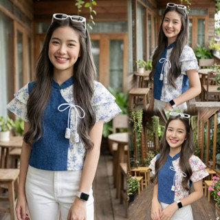 เสื้อพื้นเมืองผู้หญิงคอจีนป้ายผูกโบว์ แขนสองชั้นผ้าหม้อฮ่อมส…