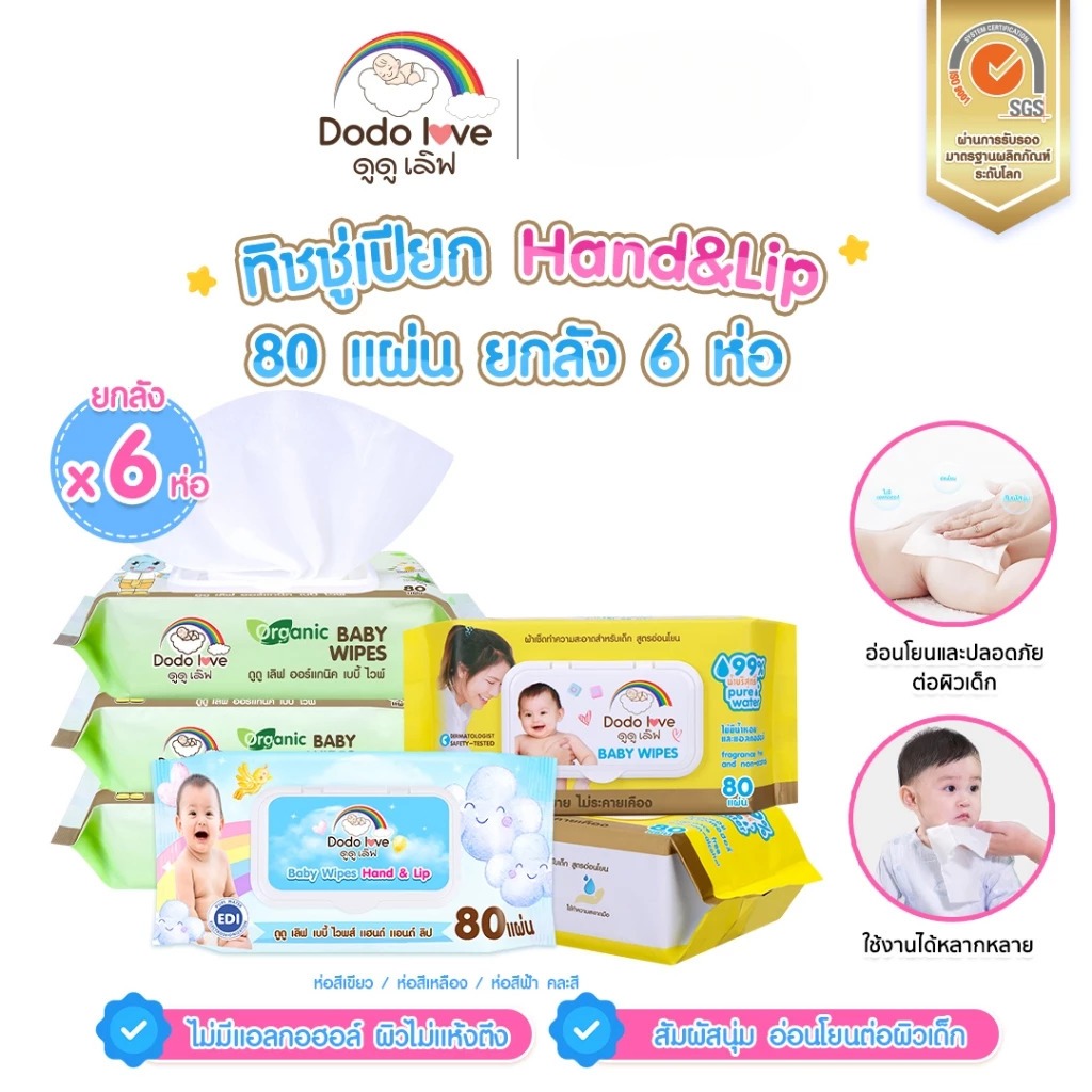 ยกลัง 6 ห่อ DODOLOVE ทิชชู่เปียก Baby Wipes ผ้าเช็ดทำความสะอาดสำหรับเด็ก ออร์แกนิค ห่อใหญ่ 80 แผ่น