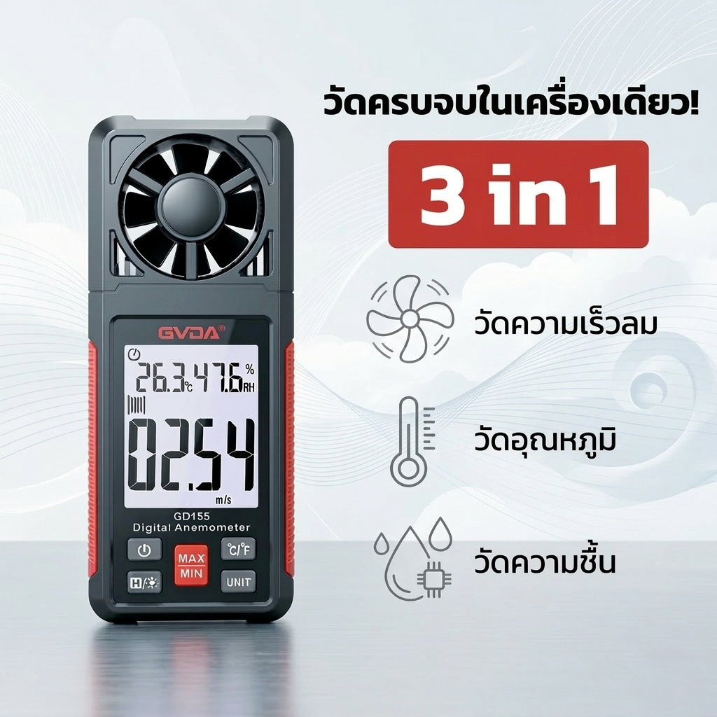 เครื่องวัดความเร็วลมดิจิทัลGVDA รุ่นGD155แบบ 3in1 วัดลมแรงวัดอุณหภูมิ ความชื้นในเครื่องเดียว 10032
