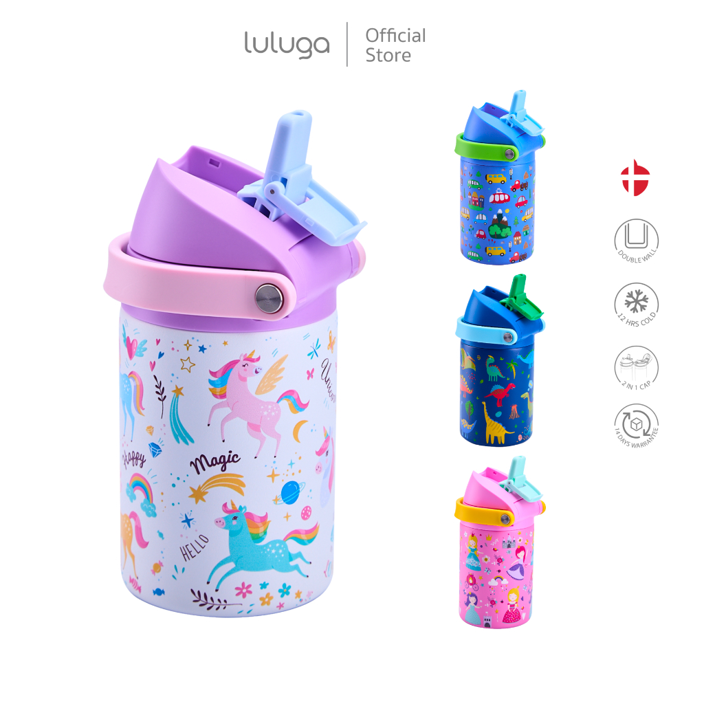 กระติกน้ำเด็ก LULUGA กระติกน้ำเก็บอุณหภูมิระบบสุญญากาศ 18/8 stainless steel 360 ml ดีไซน์ 2in1 หลอดดูดและยกดื่ม