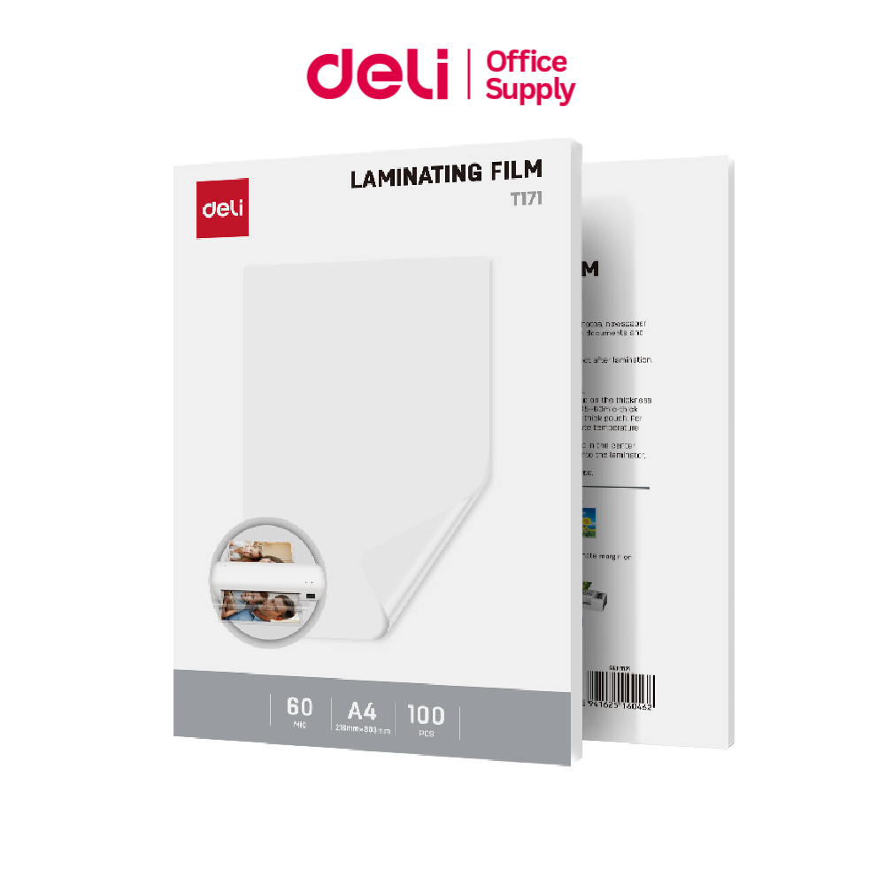 Deli พลาสติกเคลือบบัตร เคลือบใสแข็ง กันรอย A3/A4 100แผ่น หนา 60/75/100/125 ไมครอน laminator film