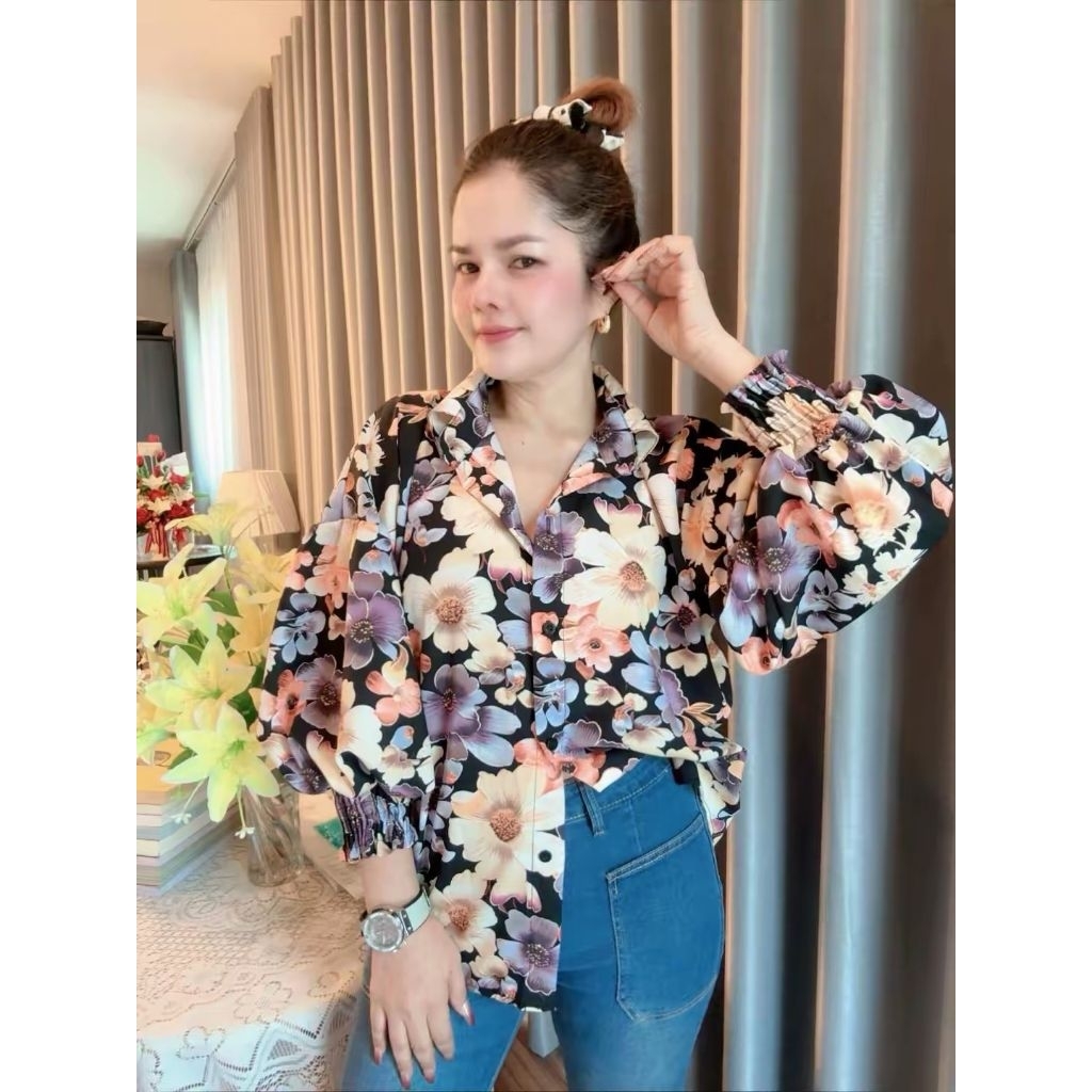 🌷Cotton🌷เสื้อเชิ้ตแขนพองลายดอกไม้🌷