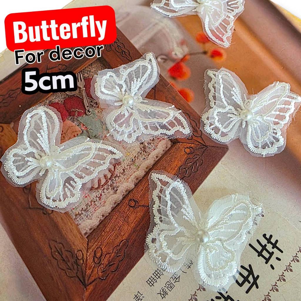 ผีเสื้อ มุก ผีเสื้อปีกซ้อนติดมุก ดอกไม้ butterfly for decor ขนาด 5cm จำนวน 5 ตัว  สินค้าพร้อมส่งจากไทย