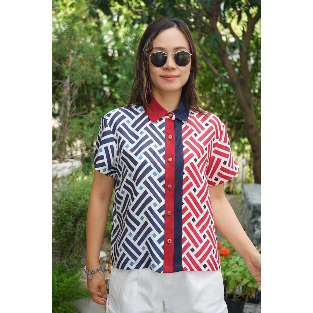 5th Jan เสื้อเชิ้ต คอปก แขนสั้น แต่งผ้าเล่นสีทูโทนหน้า-หลัง ชายเสื้อตรงผ่าข้าง ผ้าลินินแท้ 100% “อก 