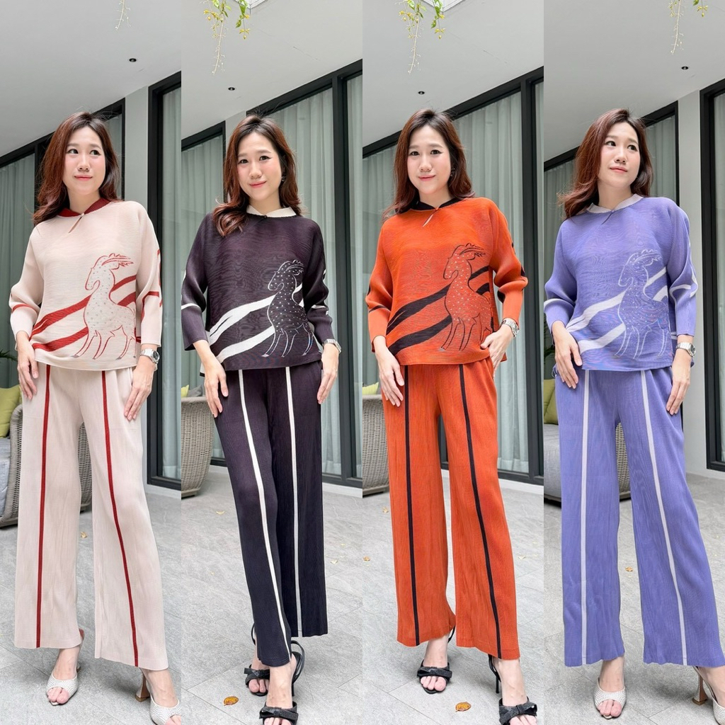 ชุดเซ็ทผ้าอัดพลีท100%พิมพ์ลายกิเลน ความหมายมงคลโชคลาภงามสวยผ้าดีไซด์ใหญ่ใส่สบายค่ะ
