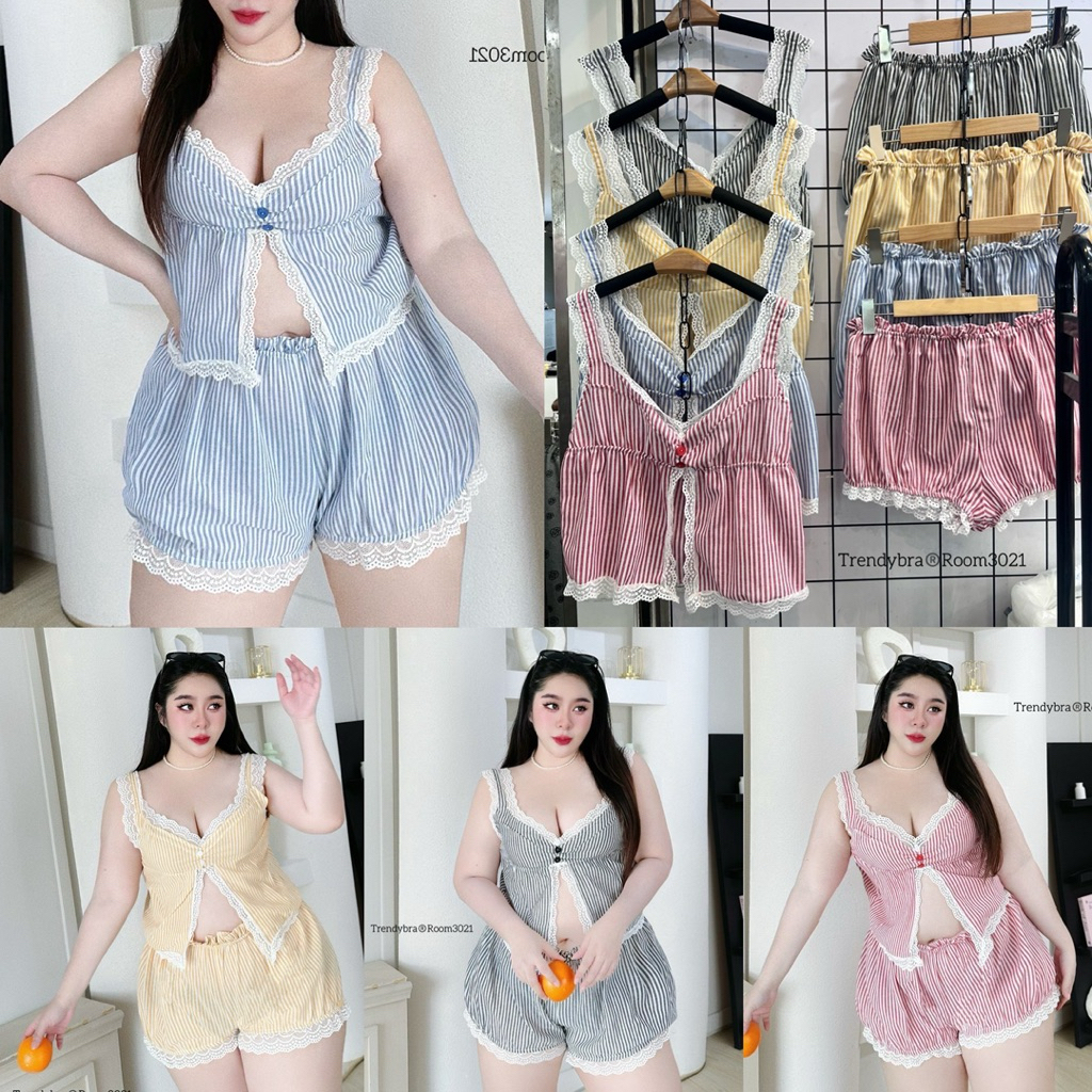 /TB/ ชุดเซ็ตลายริ้ว มีไซส์อก40-50 เสื้อแต่งกระดุมผ่าหน้า+กางเกงทรงฟักทอง แต่งลูกไม้ฉ่ำ น่ารักสดใสรับซัมเมอร์ #พลัสไซส์