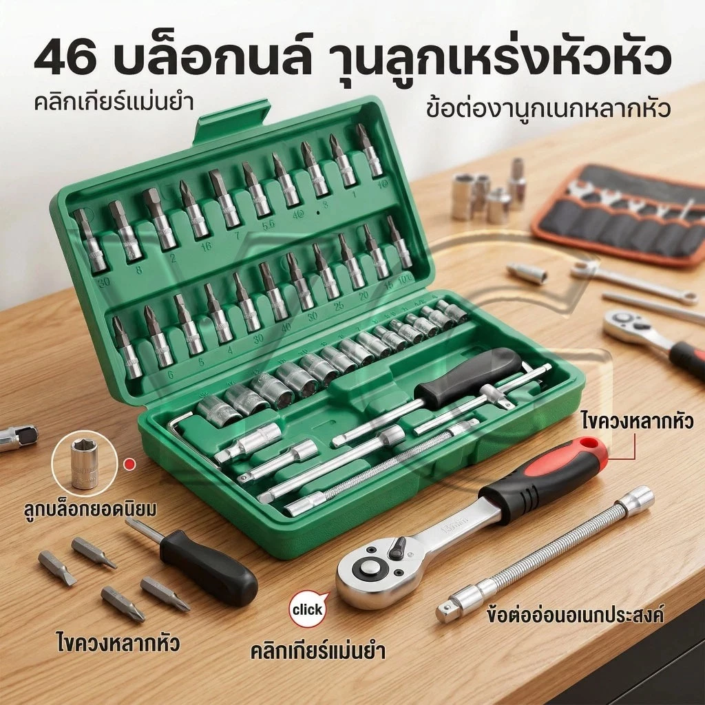 ประแจ บล็อก 46 ชิ้น ขนาด1/4" ชุดบล็อก 46 ชิ้น บล็อค ชุดประแจและบล็อกรวม ลูกบล็อก ด้าม ไขควง ข้อต่อ ข้องอ ด้ามก๊อกแก๊ก​
