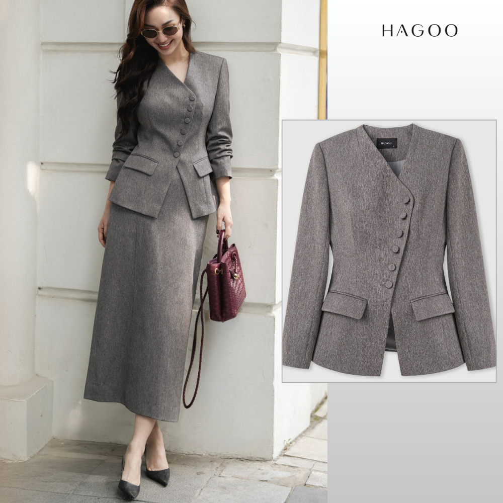 HAGOO เสื้อทรงกีเซอร์ชายเฉียง คู่กระโปรงทรงตรง ลุคสุภาพหรูสำหรับทำงาน [A8061-CV8061]