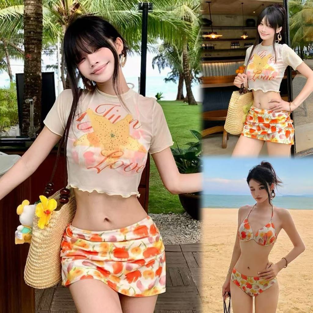 🌸Swift Bra🌸ชุดว่ายน้ำสตรี 4 ชิ้น ชุดว่ายน้ำชายหาด การพิมพ์ กระโปรงสั้นเซ็กซี่ รูปแบบใหม่ ด้วยฟองน้ำ