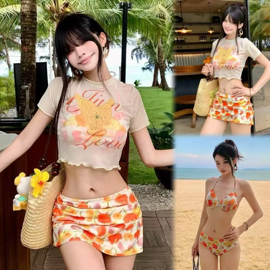 🌸Swift Bra🌸ชุดว่ายน้ำสตรี 4 ชิ้น ชุดว่ายน้ำชายหาด การพิมพ์ กระโปรงสั้นเซ็กซี่ รูปแบบใหม่ ด้วยฟองน้ำ