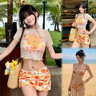 🌸Swift Bra🌸ชุดว่ายน้ำสตรี 4 ชิ้น ชุดว่ายน้ำชายหาด การพิมพ์ กระโปรงสั้นเซ็กซี่ รูปแบบใหม่ ด้วยฟองน้ำ