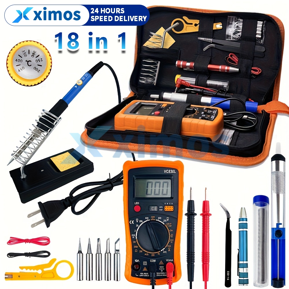 หัวแร้งบัดกรี 60W ปรับอุณหภูมิได้ ชุดครบ 18ชิ้น พร้อมมัลติมิเตอร์ ปั๊มเชื่อม มือจับป้องกันไฟฟ้า สำหรับงานอิเล็กทรอนิกส์