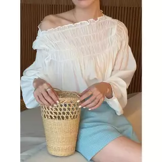 Hotgirl พร้อมส่ง เสื้อแขนยาวคอกลมสไตล์ฝรั่งเศสหวานๆ แขนพอง ดีไซน์จับจีบ สไตล์ย้อนยุคสบายๆ หลวมๆ