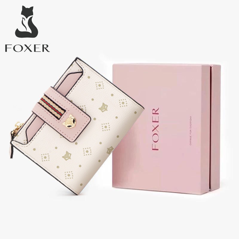 FOXER กระเป๋าสตางค์ใบสั้นสำหรับผู้หญิง ที่ใส่บัตรลายสุนัขจิ้งจอก กระเป๋าใส่เหรียญพิมพ์ลาย