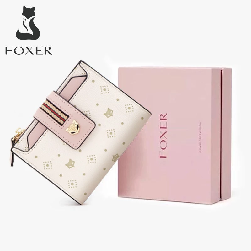 FOXER กระเป๋าสตางค์ใบสั้นสำหรับผู้หญิง ที่ใส่บัตรลายสุนัขจิ้งจอก กระเป๋าใส่เหรียญพิมพ์ลาย