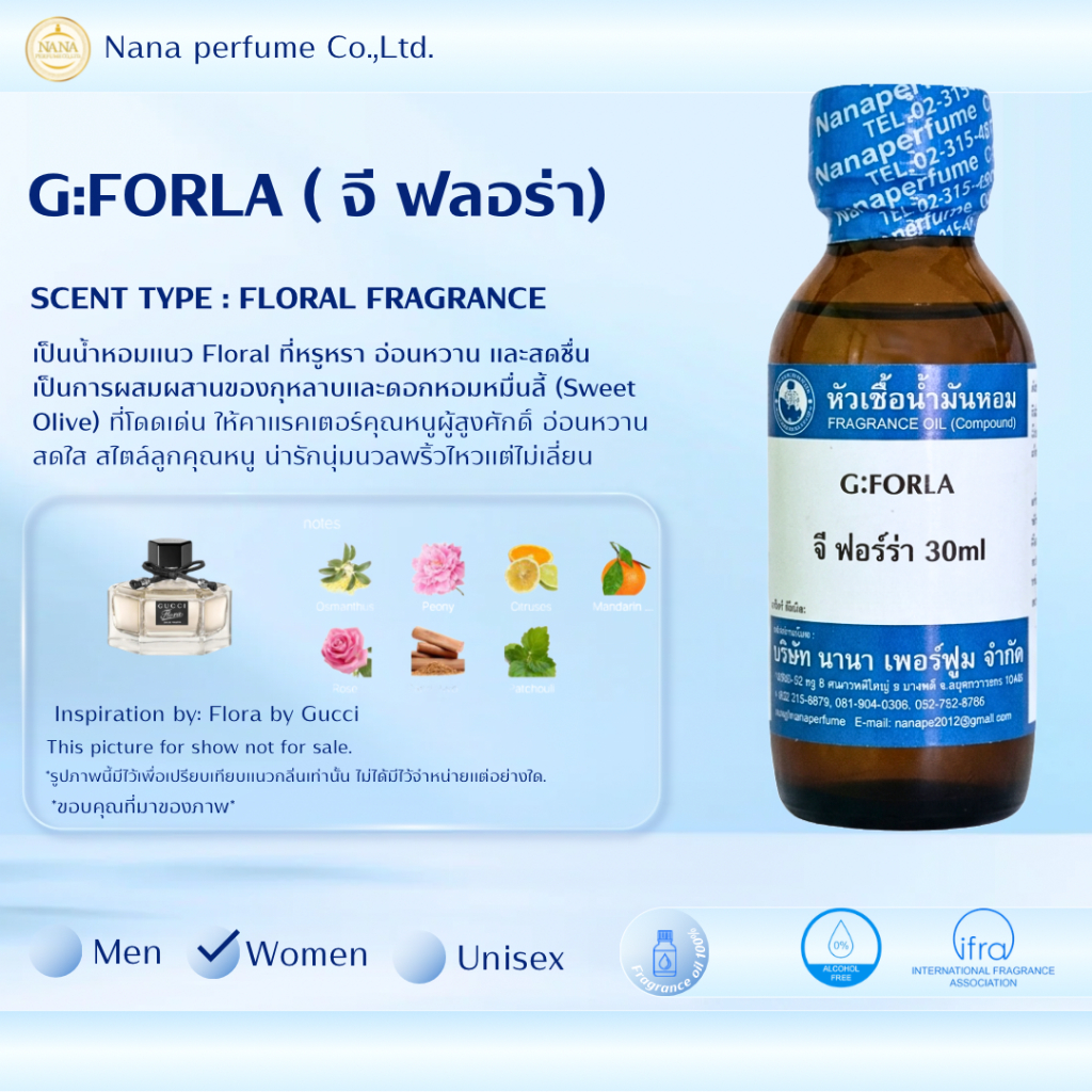 หัวเชื้อน้ำหอม 100%ขนาด30-100ML กลิ่นจี ฟอร์ร่า(G:FORLA)