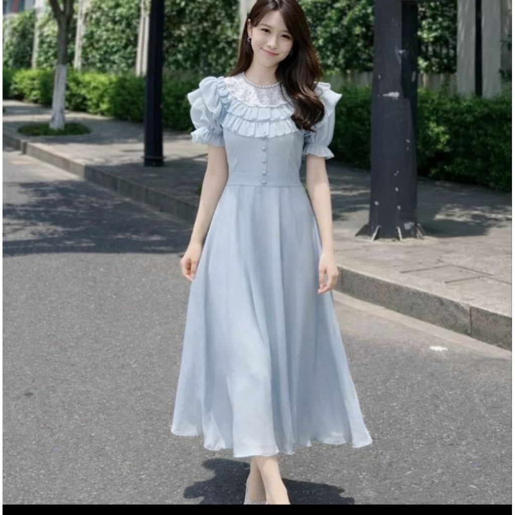เดรสยาวสีฟ้าลุครักแรก (First Love) โทนหวานวินเทจดีไซน์แบบ “เจ้าหญิงดิสนีย์ที่หลุดออกมา”ลุคสวยหวานเหมือนนางฟ้า