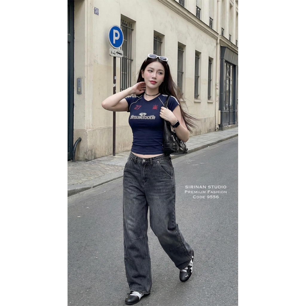 Sirinan Studio กางเกงยีนส์ทรงบาร์เรลรุ่น สีดำสโนว์