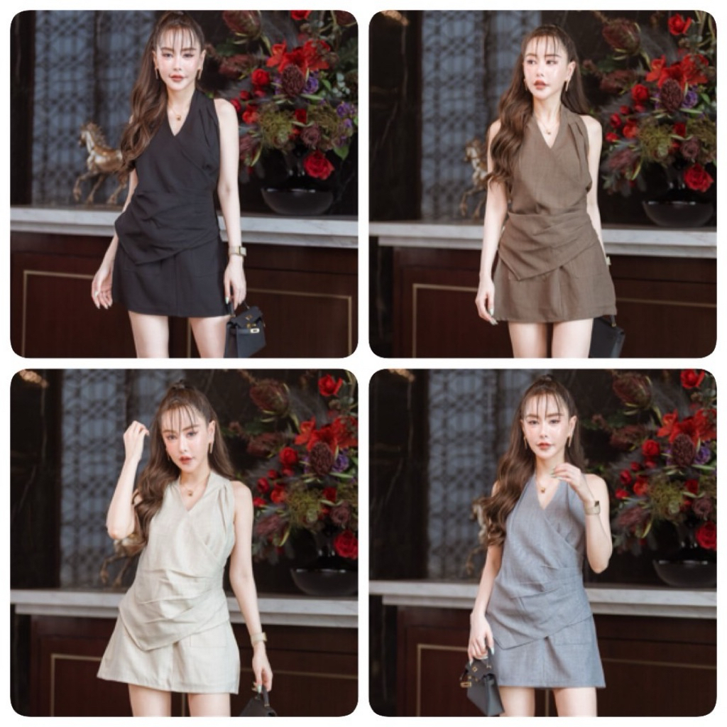 Jazzy Black S-Shape Set เซ็ตเสื้อคล้องคอจีบข้าง + กระโปรงเอวสูง ผ้าสโนว์ ทรงเอว S ใส่ออกงาน/ดินเนอร์