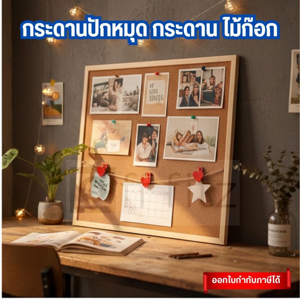 กระดานไม้ก๊อกติดผนัง พร้อมชุดแขวน ไม่ต้องเจาะ แถมหมุด ครบเซ็ต เลือกขนาดได้