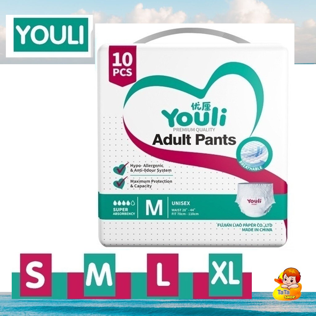 ํYouli ผ้าอ้อมผู้ใหญ่ ชายและหญิง 2000ML หายใจอากาศ S/M/L/XL（10pcs） กางเกงผู้ใหญ่