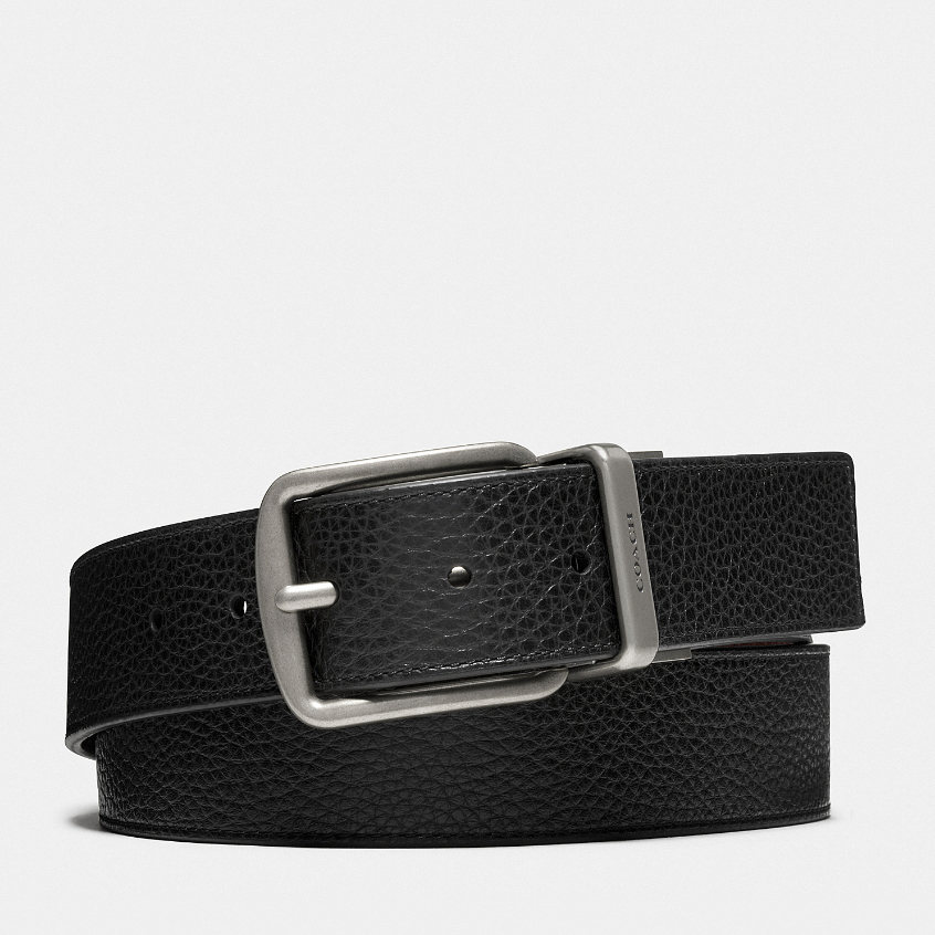 Coach CQ023 Harness Buckle Cut-To-Size Reversible Belt, 38Mm (3 AQ0) เข็มขัดผู้ชาย สี Black Dark Brown
