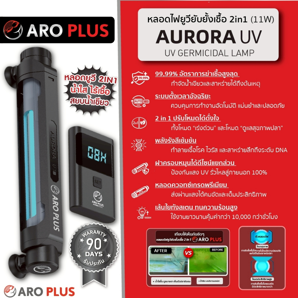 หลอดไฟ UV-C ตู้ปลา 2in1 AURORA UV กำจัดตะไคร่ กำจัดเชื้อโรค น้ำเขียว ยับยั้งแบคทีเรีย ปลอดภัยต่อปลา