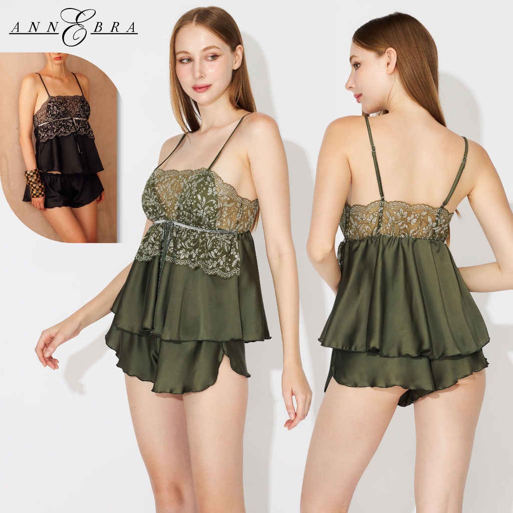 Annebra ชุดเสื้อสายเดี่ยว ผ้าซาตินตัดต่อผ้าลูกไม้ และกางเกงเข้าเซต Lace Babydoll Nightdress Set รุ่น AN8-920