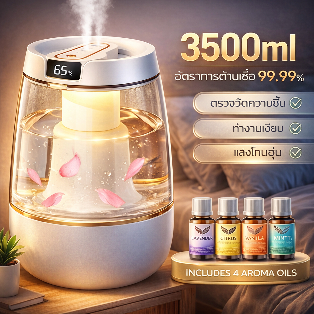 เครื่องทำความชื้น 3500ml เครื่องพ่นอโรม่า ไฟกลางคืน + จอแสดงชื้นอัจฉริยะ   ฟรีน้ำหอม 4 ขวดด เครื่องพ่นไอน้ำ เครื่องทำควา