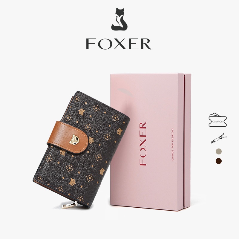 FOXER กระเป๋าสตางค์ใบสั้นพิมพ์ลาย ที่ใส่บัตรเครดิต กระเป๋าใส่เหรียญ กระเป๋าสตางค์ผู้หญิง