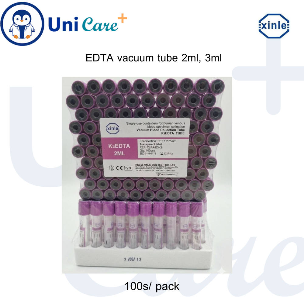 หลอดเก็บตัวอย่างเลือด EDTA k3 vacuum tube 2ml, 3ml, 6ml (100 หลอด / แพ็ค)