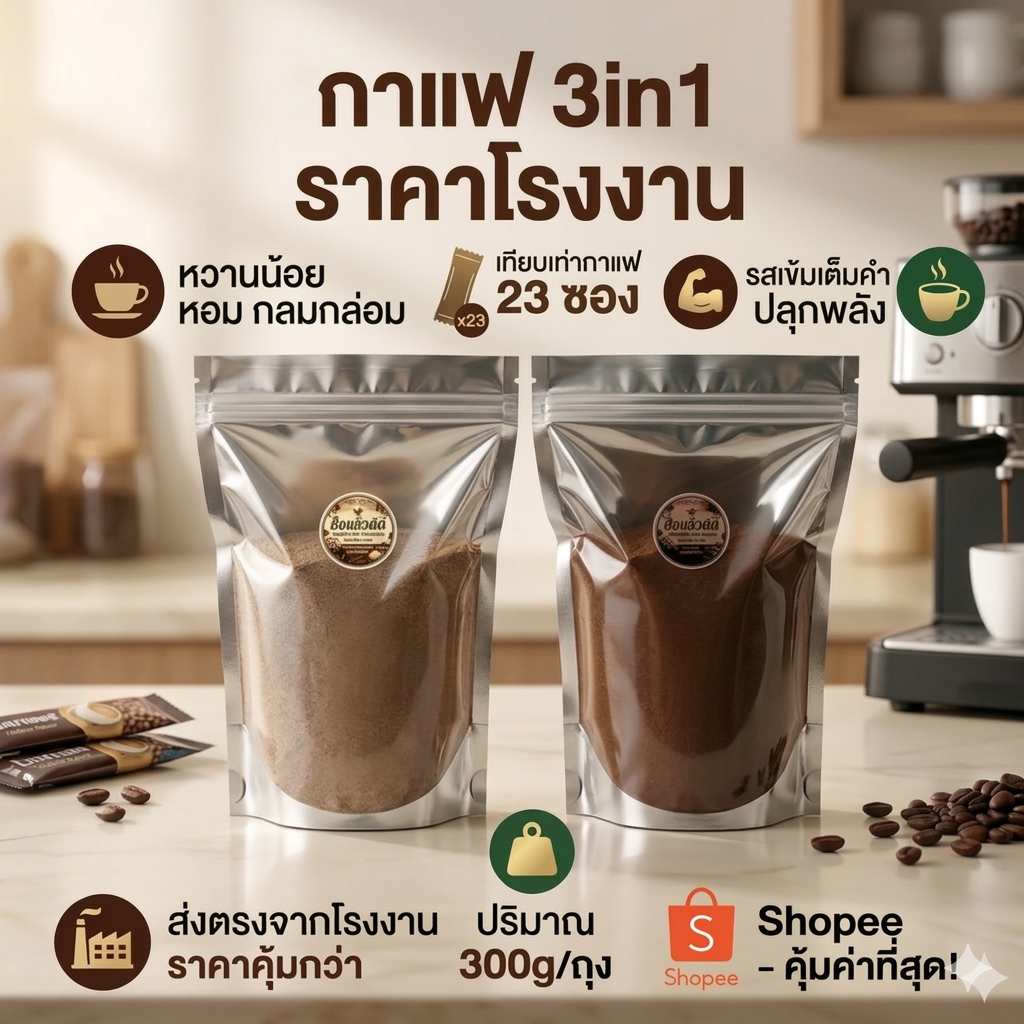 กาแฟ 3in1 สูตรกลมกล่อม และ สูตรเข้มข้น หอมกลิ่นกาแฟ ชงง่าย ดื่มได้ทุกวัน กาแฟราคาถูก กาแฟราคาส่ง กาแฟราคาโรงงาน