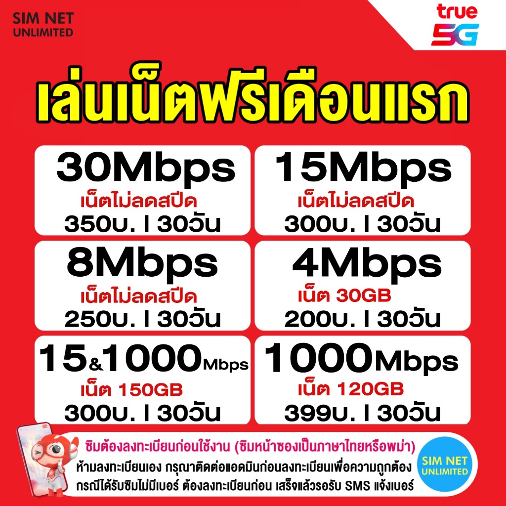(เล่นเน็ตฟรีเดือนแรก) TRUE รวมโปร ซิมเทพเล่นไม่อั้น เน็ตไม่จำกัด
