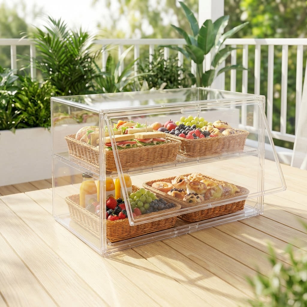 ตู้เก็บอาหาร กล่องเก็บของแบบหลายชั้นขนาดใหญ่ กล่องเก็บของโปร่งใส กล่องเก็บขนมปังและไม้เสียบเนื้อ